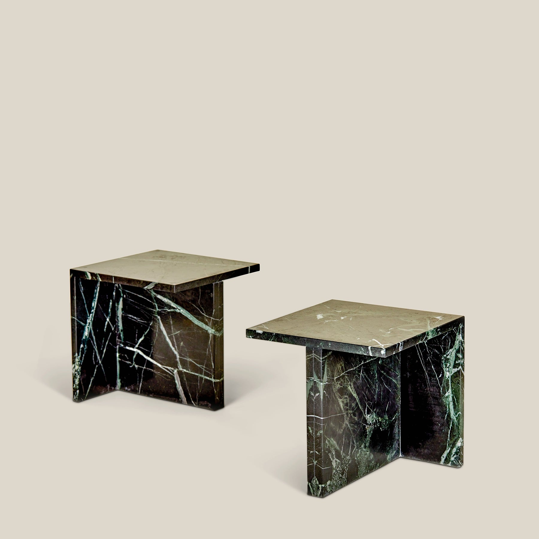 Two Florence side tables made from Varias Green marble.