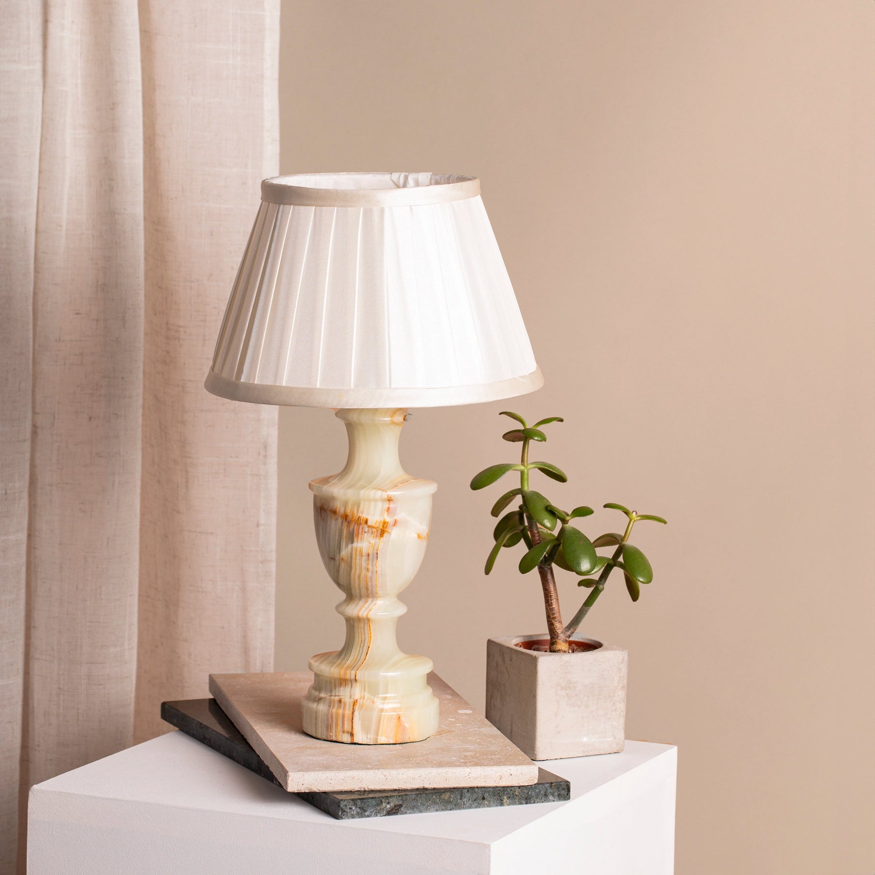 Vintage white alabaster with red flecks, table lamp - small.